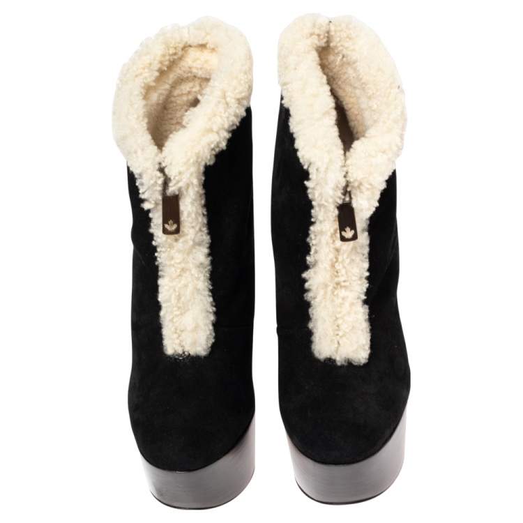 Pre Owned Dsquared2 Black Suede and Shearling Zip Platform Ankle Boots Size 38