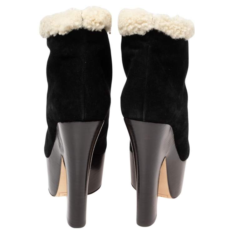 Pre Owned Dsquared2 Black Suede and Shearling Zip Platform Ankle Boots Size 38