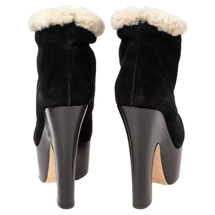 Pre Owned Dsquared2 Black/White Suede And Shearling Zip Platform Ankle Boots Size 39
