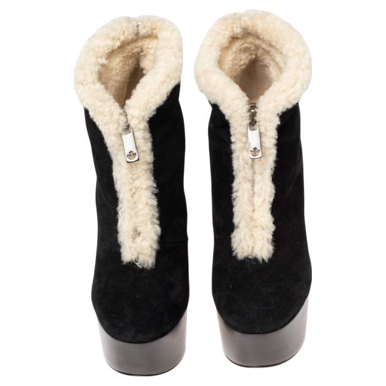 Pre Owned Dsquared2 Black/White Suede And Shearling Zip Platform Ankle Boots Size 39