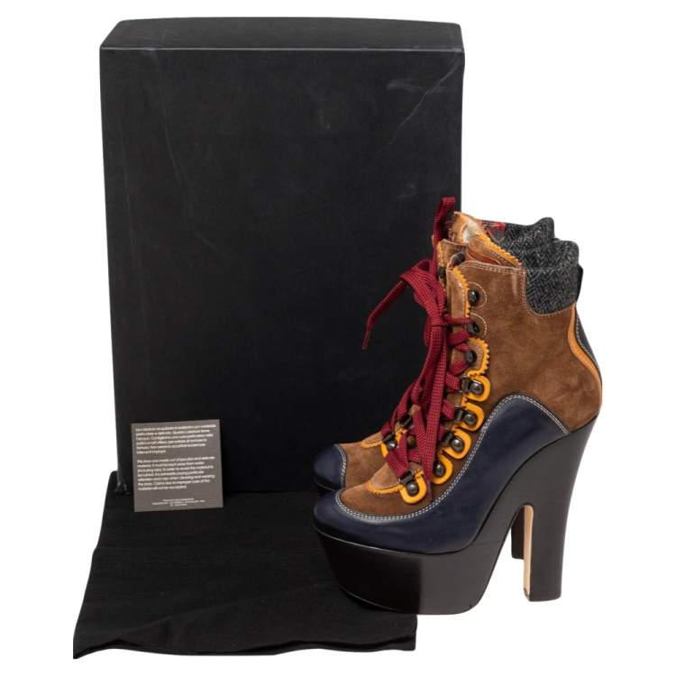 Pre Owned Dsquared2 Multicolor Suede, Leather and Wool Trim Lace Up Platform Ankle Boots Size 38.5