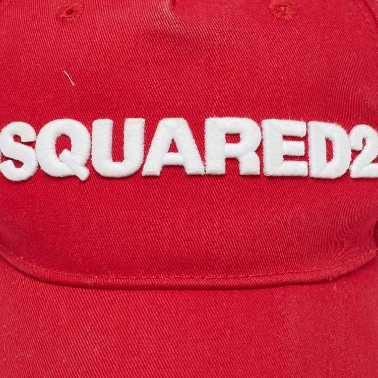 Pre Owned Dsquared2 Red Logo Embroidery Distressed Cotton Baseball Cap