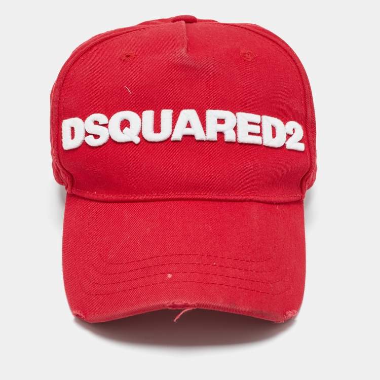 Pre Owned Dsquared2 Red Logo Embroidery Distressed Cotton Baseball Cap