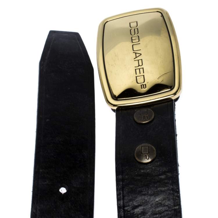 Pre Owned Dsquared2 Black Leather Logo Plaque Buckle Belt Medium