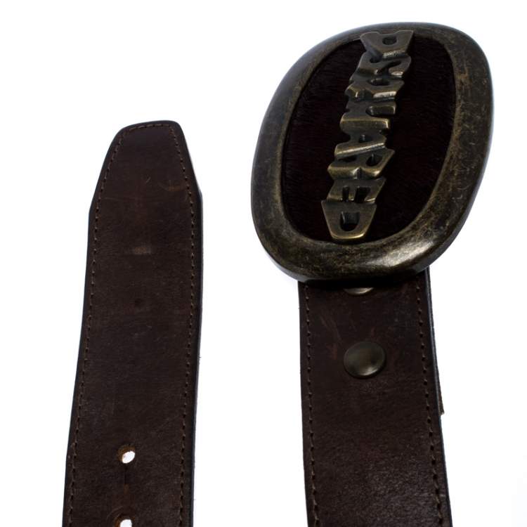 Pre Owned Dsquared2 Brown Leather Oval Logo with Fur Plaque Buckle Belt Small
