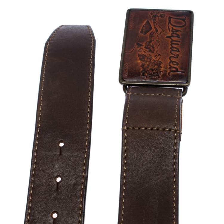 Pre Owned Dsquared2 Dark Brown Leather Buckle Belt 108CM