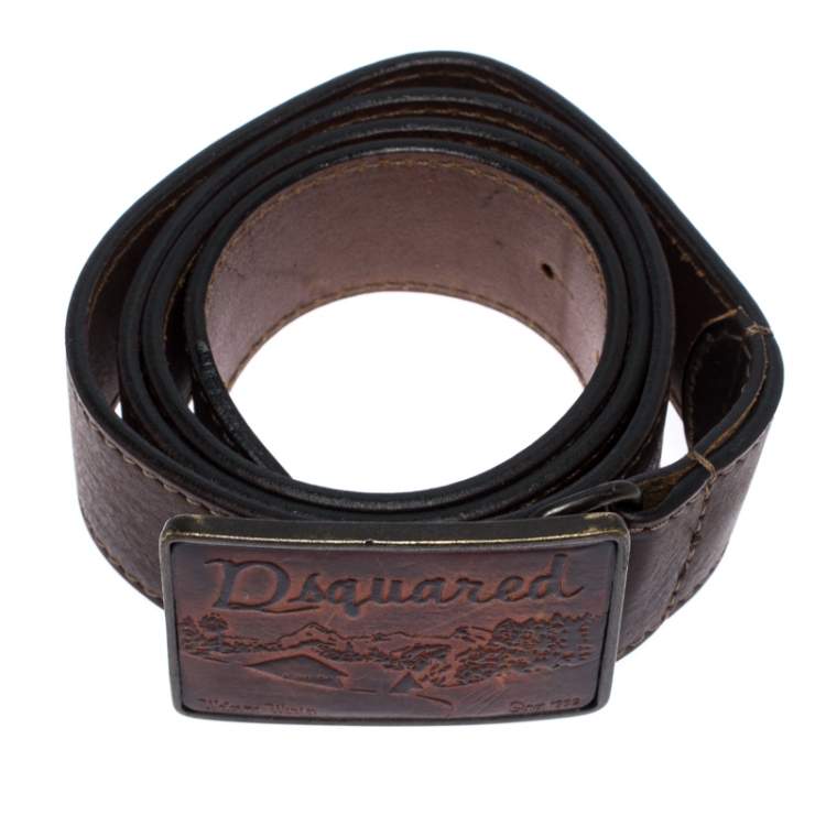 Pre Owned Dsquared2 Dark Brown Leather Buckle Belt 108CM