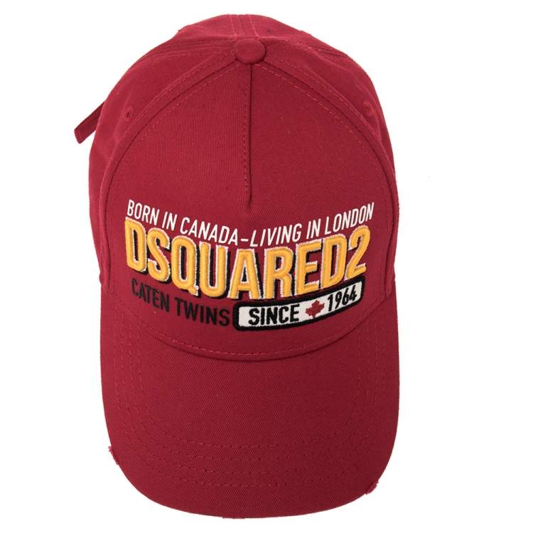 Pre Owned Dsquared Red Cotton Canvas Distressed Logo Embroidered Baseball Cap