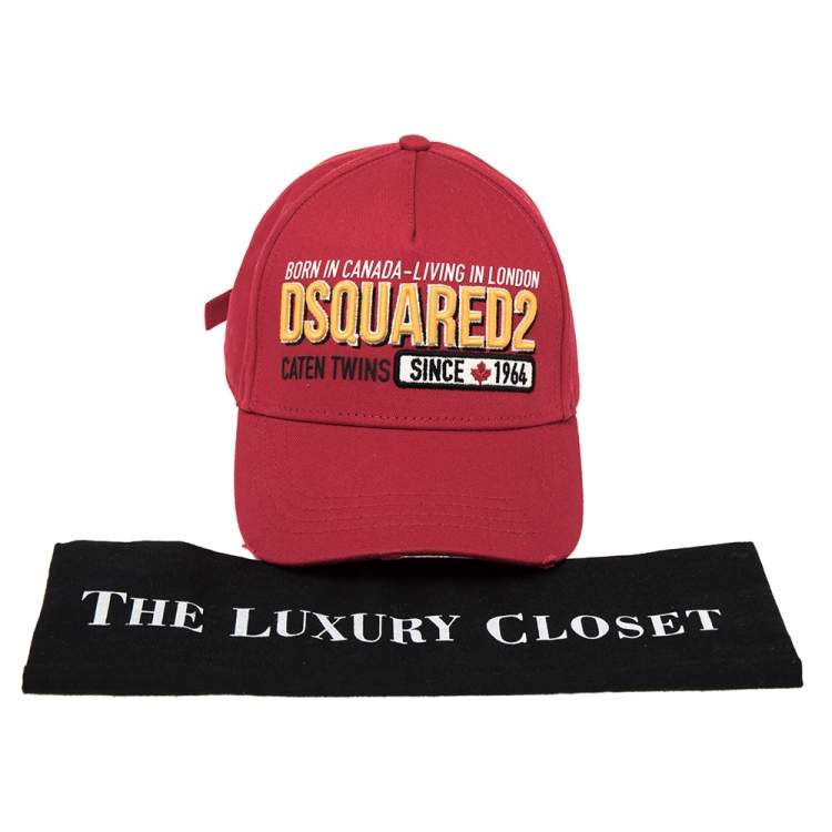 Pre Owned Dsquared Red Cotton Canvas Distressed Logo Embroidered Baseball Cap