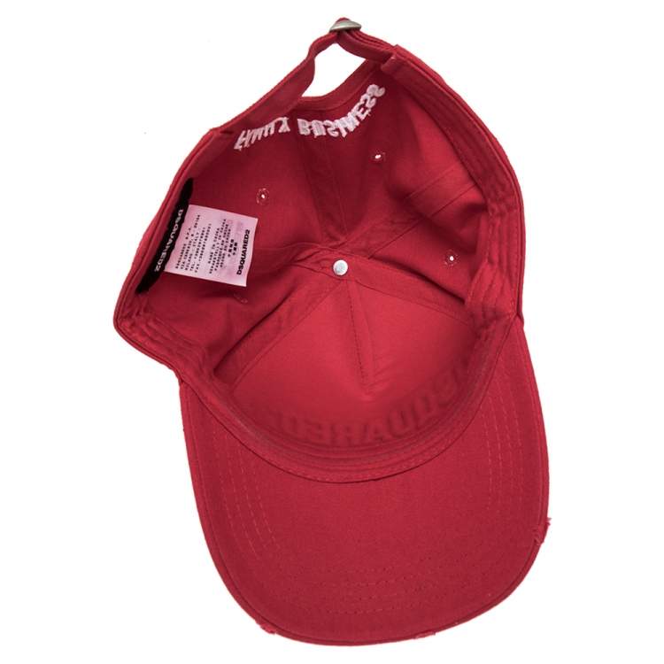 Pre Owned Dsquared Red Cotton Canvas Distressed Logo Embroidered Baseball Cap