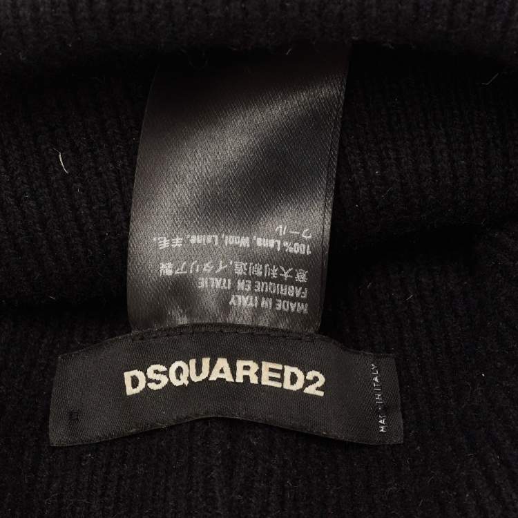 Pre Owned Dsquared2 Black Logo Embroidered Wool Beanie 
