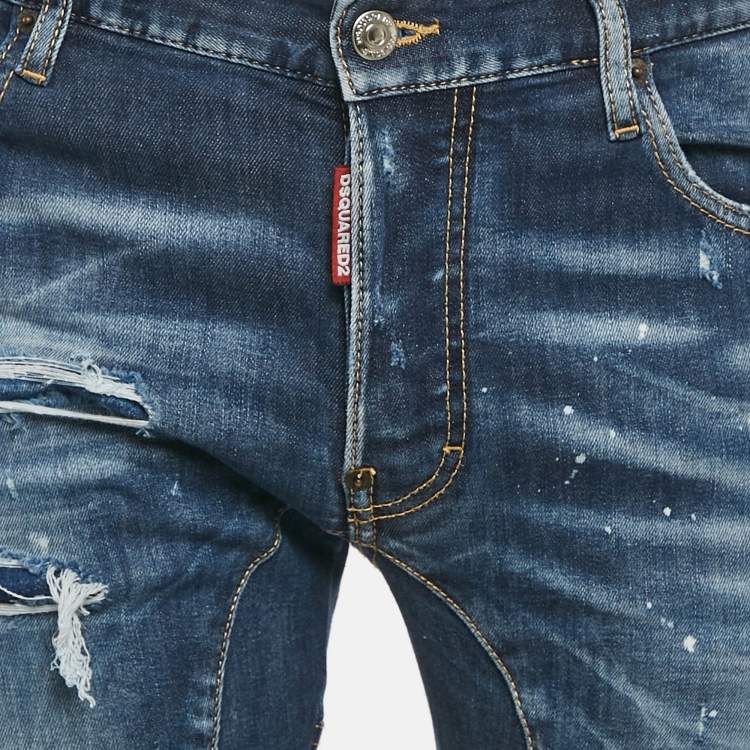 Pre Owned Dsquared2 Blue Distressed Denim Tidy Biker Jean S Waist 32"