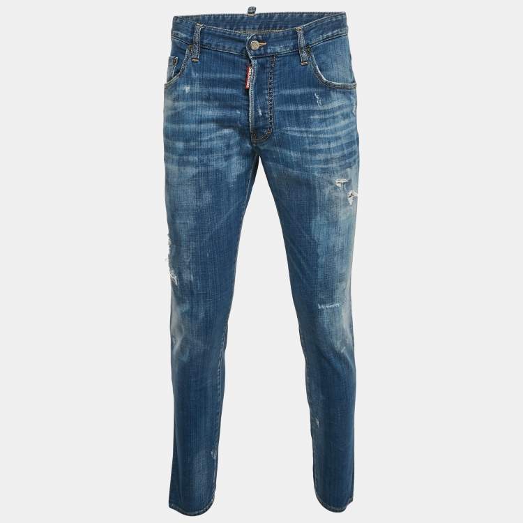 Pre Owned Dsquared2 Blue Distressed Denim Skater Jeans L Waist 35"
