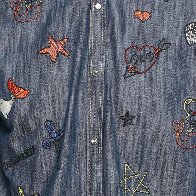 Pre Owned Dsquared2 Blue Embroidered Chambray Long Sleeve Shirt XL
