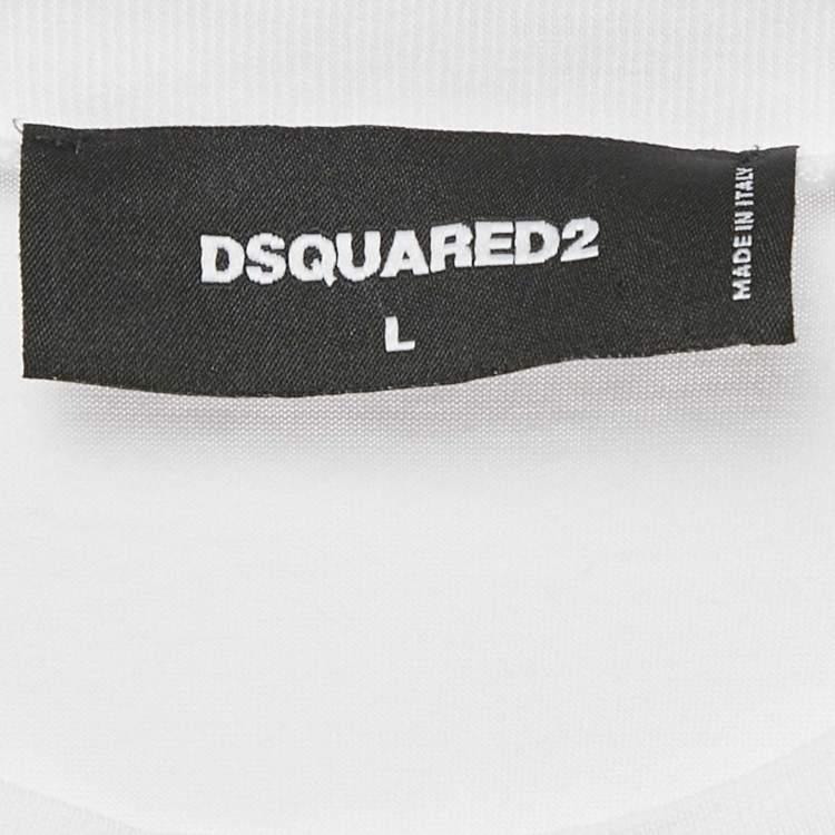 Pre Owned Dsquared2 White Logo Print Cotton Crew Neck T-Shirt L