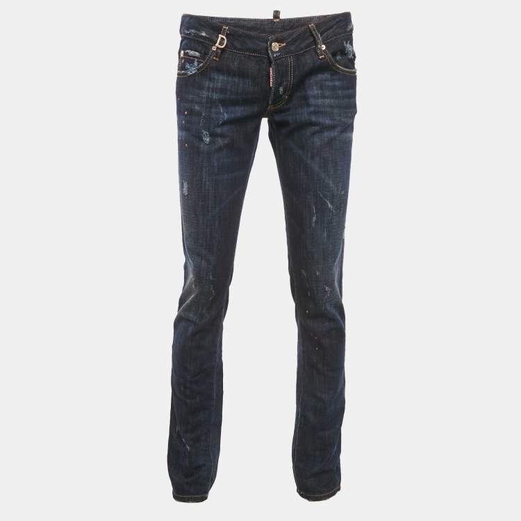 Pre Owned Dsquared2 Blue Denim Paint Splattered Distressed Jeans S Waist 34"