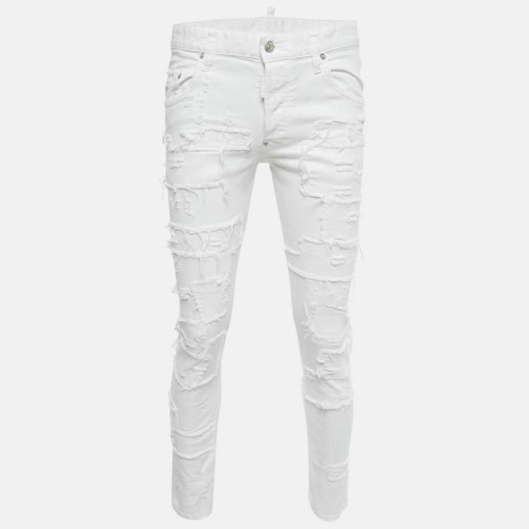 Pre Owned Dsquared2 White Distressed Denim Skater Jeans M Waist 32"