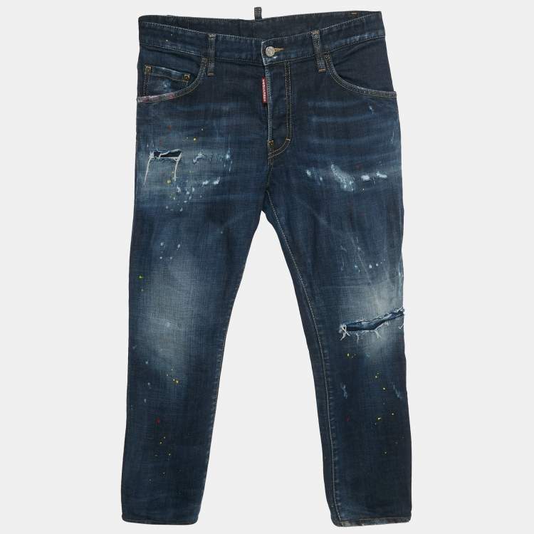 Pre Owned Dsquared2 Blue Denim Distressed Straight Fit Jeans M/Waist 32"