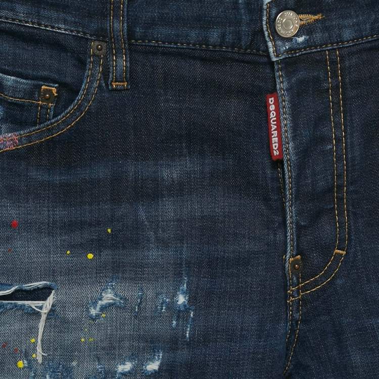 Pre Owned Dsquared2 Blue Denim Distressed Straight Fit Jeans M/Waist 32"