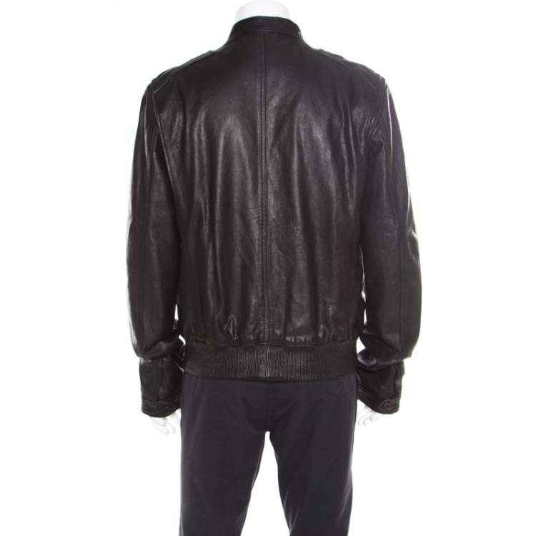 Pre Owned Dsquared2 Black Goat Leather Zip Front Biker Jacket 3XL