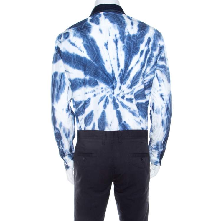 Pre Owned Dsquared2 Indigo Cotton Tie Dye Effect Denim Trim Relaxed Dan Shirt L