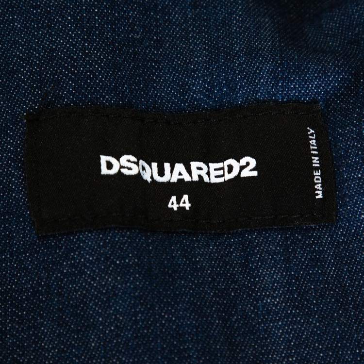 Pre Owned Dsquared2 Blue Denim Distressed Patch Detail Short Sleeve Shirt XS
