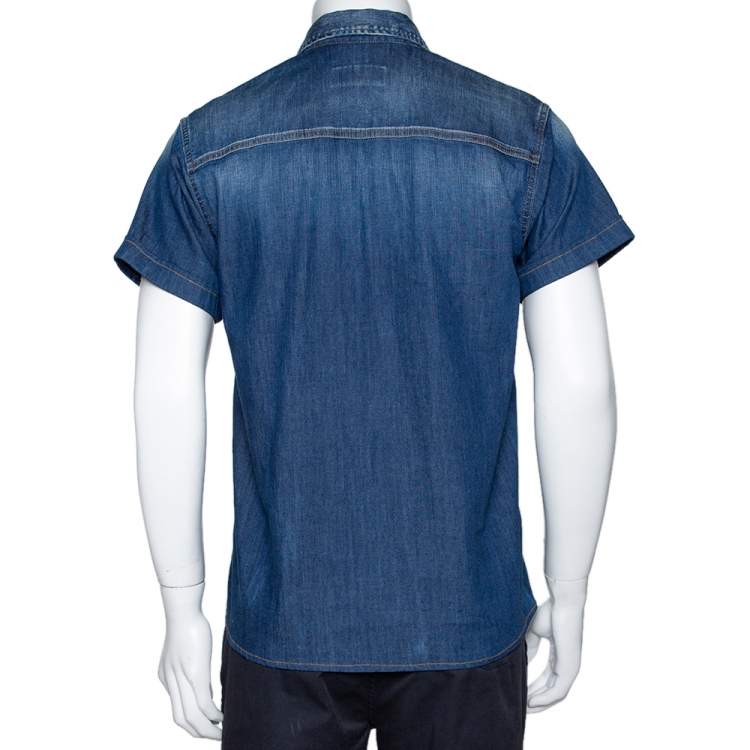Pre Owned Dsquared2 Blue Denim Distressed Patch Detail Short Sleeve Shirt XS