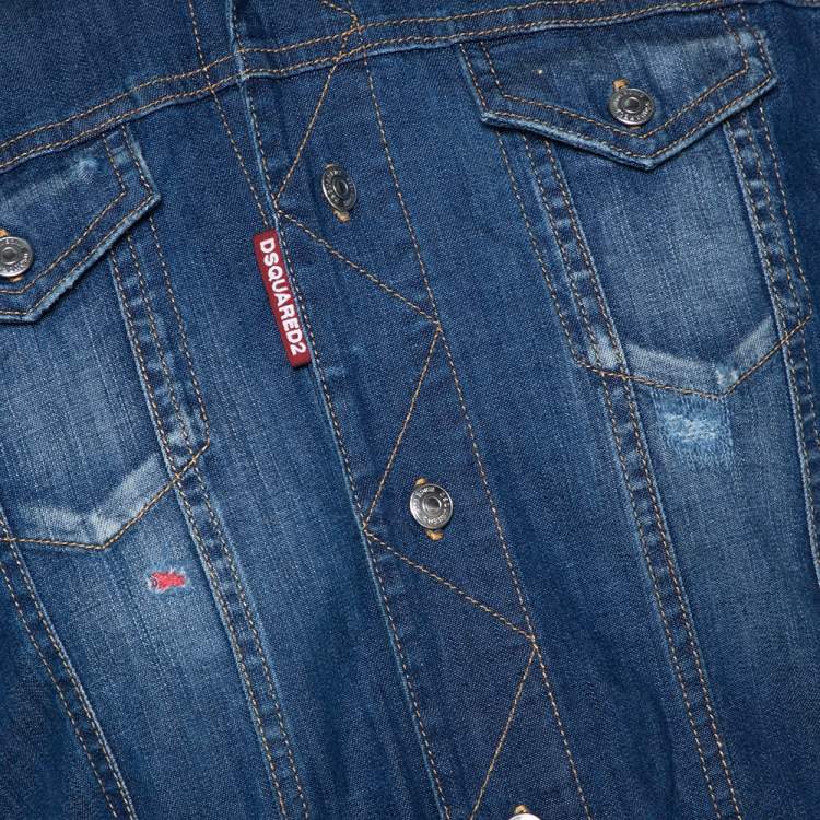 Pre Owned Dsquared2 Blue Denim Distressed Patch Detail Short Sleeve Shirt XS