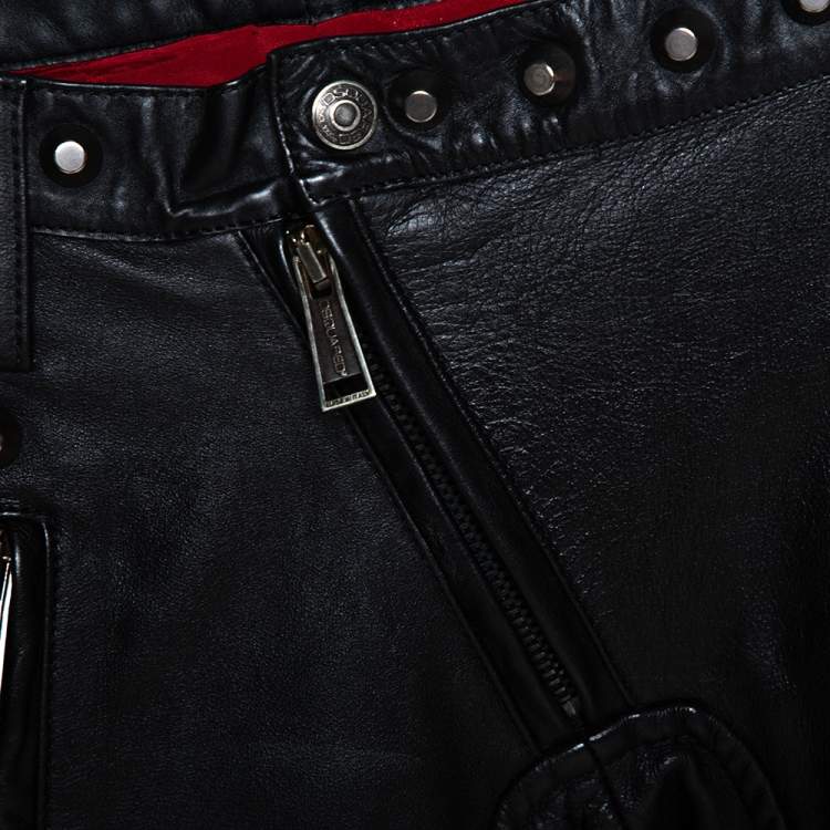 Pre Owned Dsquared2 Black Calf Leather Patch Detail Biker Pants L 