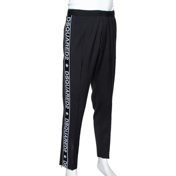 Pre Owned Dsquared2 Black Wool Blend Logo Stripe Detail Joggers L