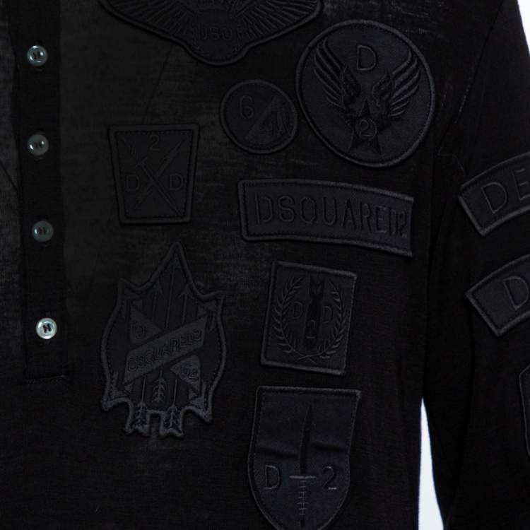 Pre Owned Dsquared2 Black Wool Knit Badge Detailed Henley T-Shirt M