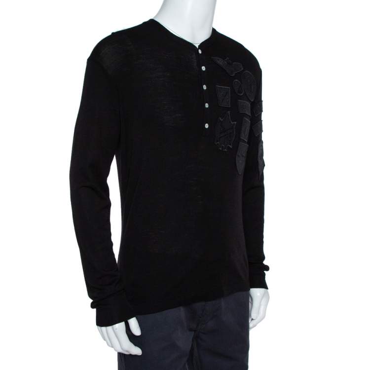 Pre Owned Dsquared2 Black Wool Knit Badge Detailed Henley T-Shirt M