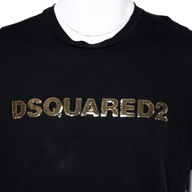 Pre Owned Dsquared2 Black Cotton Logo Sequinned Long Cool Fit T-Shirt XXL