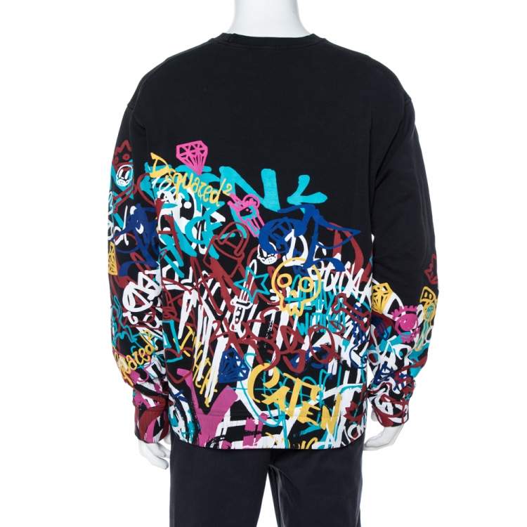 Pre Owned Dsquared2 Black Graffiti Print Cotton Cool Fit Sweatshirt XL