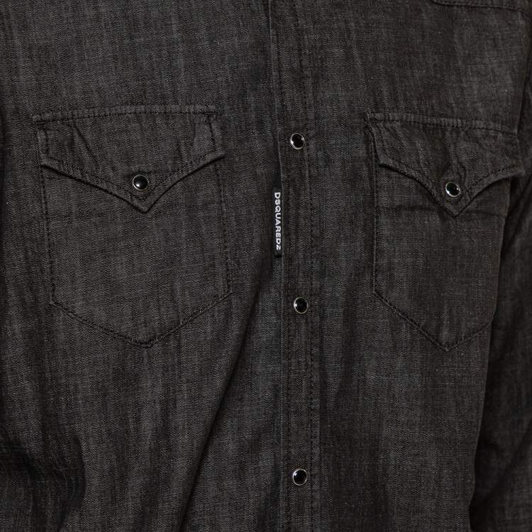 Pre Owned Dsquared2 Black Denim Pocket Detail Long Sleeve Shirt XL