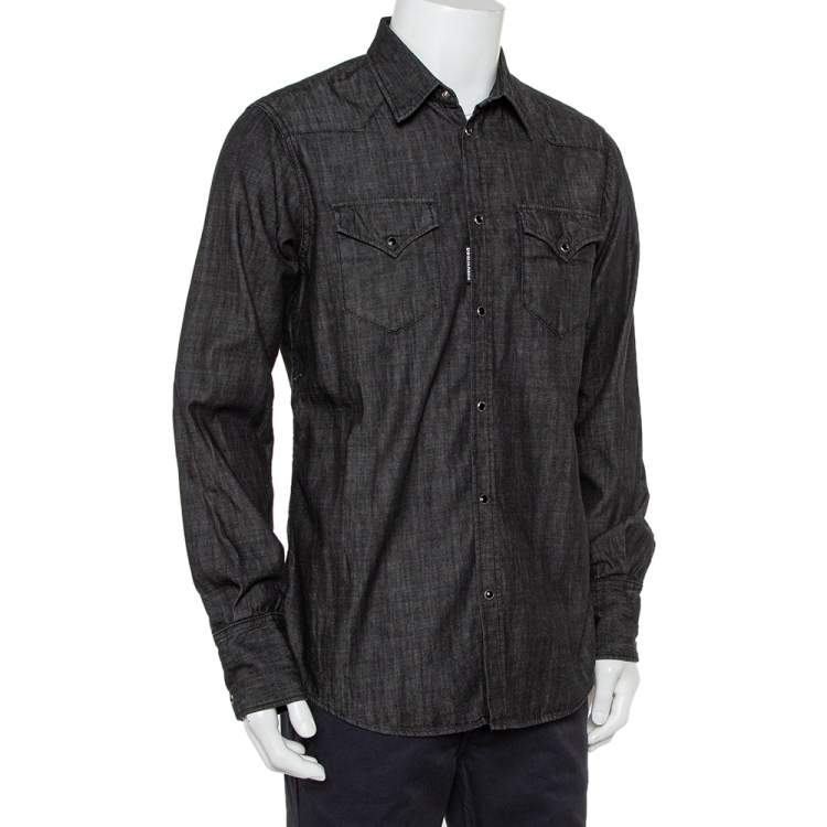 Pre Owned Dsquared2 Black Denim Pocket Detail Long Sleeve Shirt XL