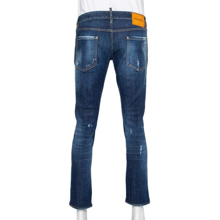 مملوكة مسبقًا Dsquared2 Navy Blue Medium Wash Denim Distressed Jeans L