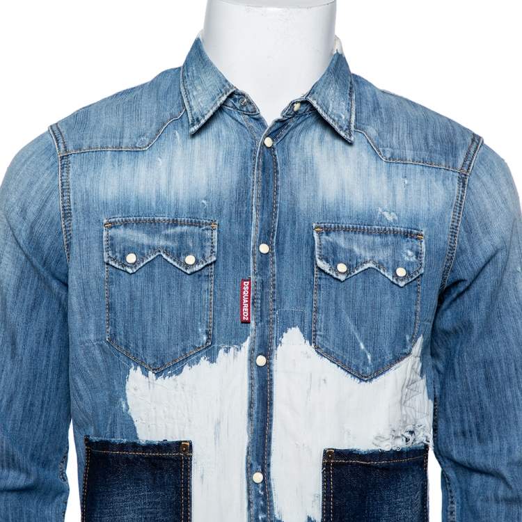 Pre Owned Dsquared2 Blue Denim Button Front Paneled Distressed Shirt S