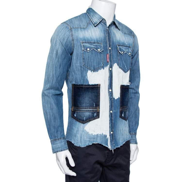Pre Owned Dsquared2 Blue Denim Button Front Paneled Distressed Shirt S