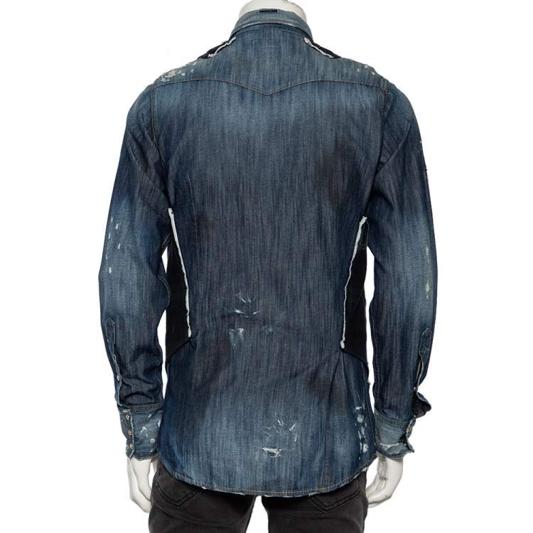 Pre Owned Dsquared2 Blue Dirty Denim Checkered Wool Vest Detail Shirt M 