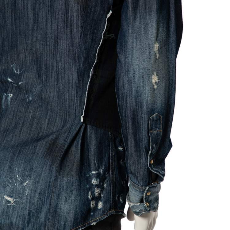 Pre Owned Dsquared2 Blue Dirty Denim Checkered Wool Vest Detail Shirt M 