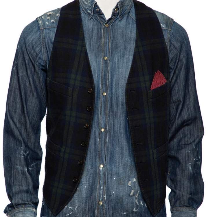 Pre Owned Dsquared2 Blue Dirty Denim Checkered Wool Vest Detail Shirt M 
