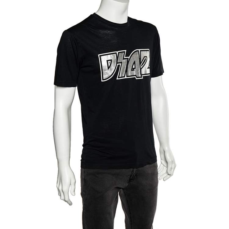 Pre Owned Dsquared2 Black Metallic Logo Printed Cotton Crewneck T-Shirt M