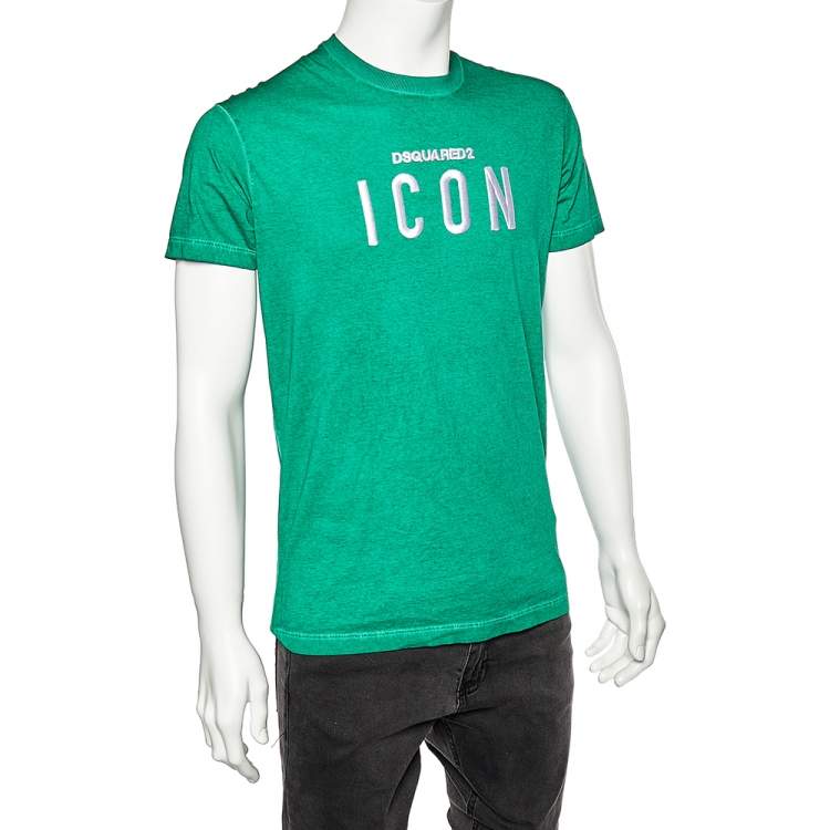 Pre Owned Dsquared2 Green Washed Out Effect Cotton Logo Icon Detail Crewneck T-Shirt M
