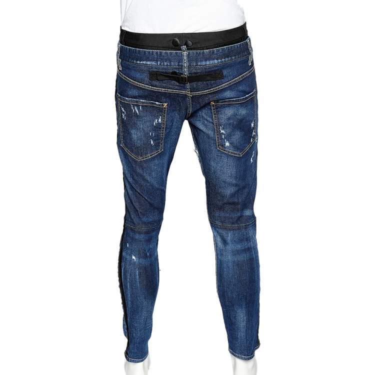 Pre Owned Dsquared2 Navy Blue Denim Double Waist Contrast Trim Distressed Jeans L
