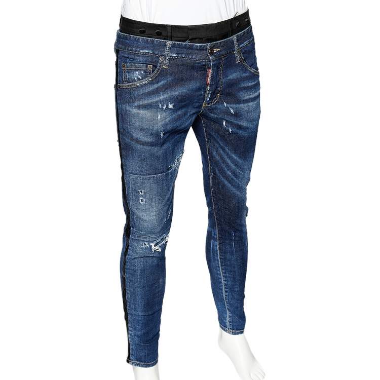 Pre Owned Dsquared2 Navy Blue Denim Double Waist Contrast Trim Distressed Jeans L