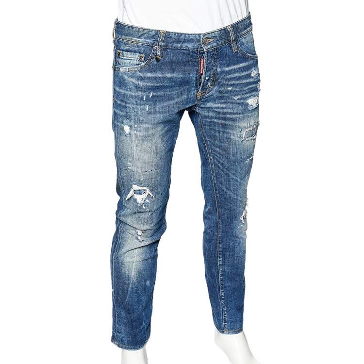 Pre Owned Dsquared2 Navy Blue Denim Patch Detail Distressed Slim Jeans L