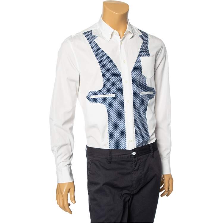 Pre Owned Dsquared2 White & Blue Printed Cotton Button Front Shirt M