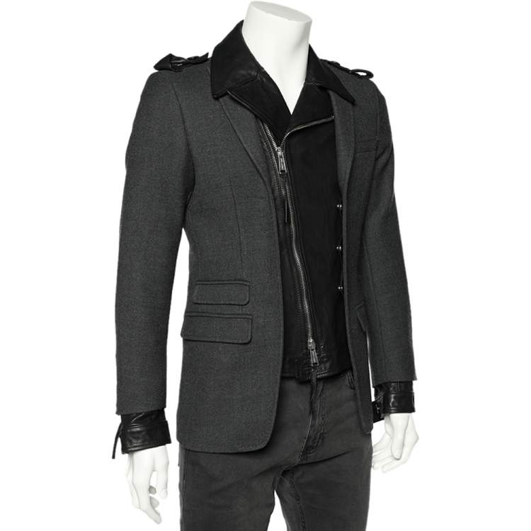 Pre Owned Dsquared2 Grey Wool & Black Leather Trim Biker Jacket S
