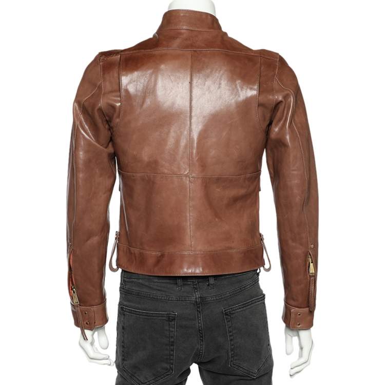 Pre Owned Dsquared2 Brown Leather Stand Collar Jacket S